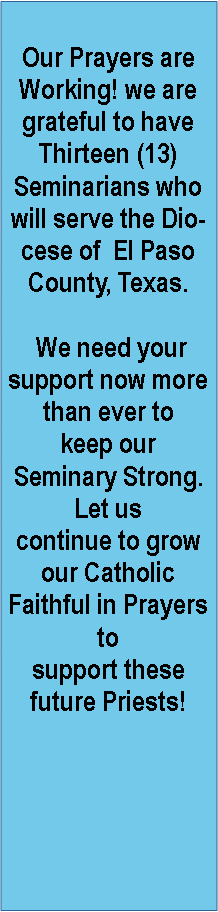 Text Box: Our Prayers are Working! we are grateful to have Thirteen (13) Seminarians who will serve the Diocese of  El Paso County, Texas. We need your support now more than ever tokeep our Seminary Strong. Let us continue to grow our Catholic Faithful in Prayers to support these  future Priests!