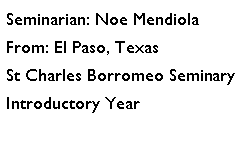 Text Box: Seminarian: Noe MendiolaFrom: El Paso, TexasSt Charles Borromeo SeminaryIntroductory Year