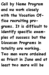 Text Box: Call by Name Program and we work closely with the Vocation Office recruiting programs. It is difficult to identify specific examples of success but the      Diocesan Programs in totality are working. Two men were ordained as Priest in June and at least two more will be