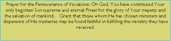 Text Box: Prayer for the Perseverance of Vocations: Oh God, You have constituted Your only begotten Son supreme and eternal Priest for the glory of Your majesty and the salvation of mankind:    Grant that those whom He has chosen ministers and dispensers of His mysteries may be found faithful in fulfilling the ministry they have received.          