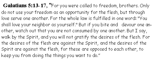 Text Box:  Galatians 5:13-17, For you were called to freedom, brothers. Only do not use your freedom as an opportunity for the flesh, but through love serve one another. For the whole law is fulfilled in one word: "You shall love your neighbor as yourself." But if you bite and   devour one another, watch out that you are not consumed by one another. But I say, walk by the Spirit, and you will not gratify the desires of the flesh. For the desires of the flesh are against the Spirit, and the desires of the Spirit are against the flesh, for these are opposed to each other, to keep you from doing the things you want to do.